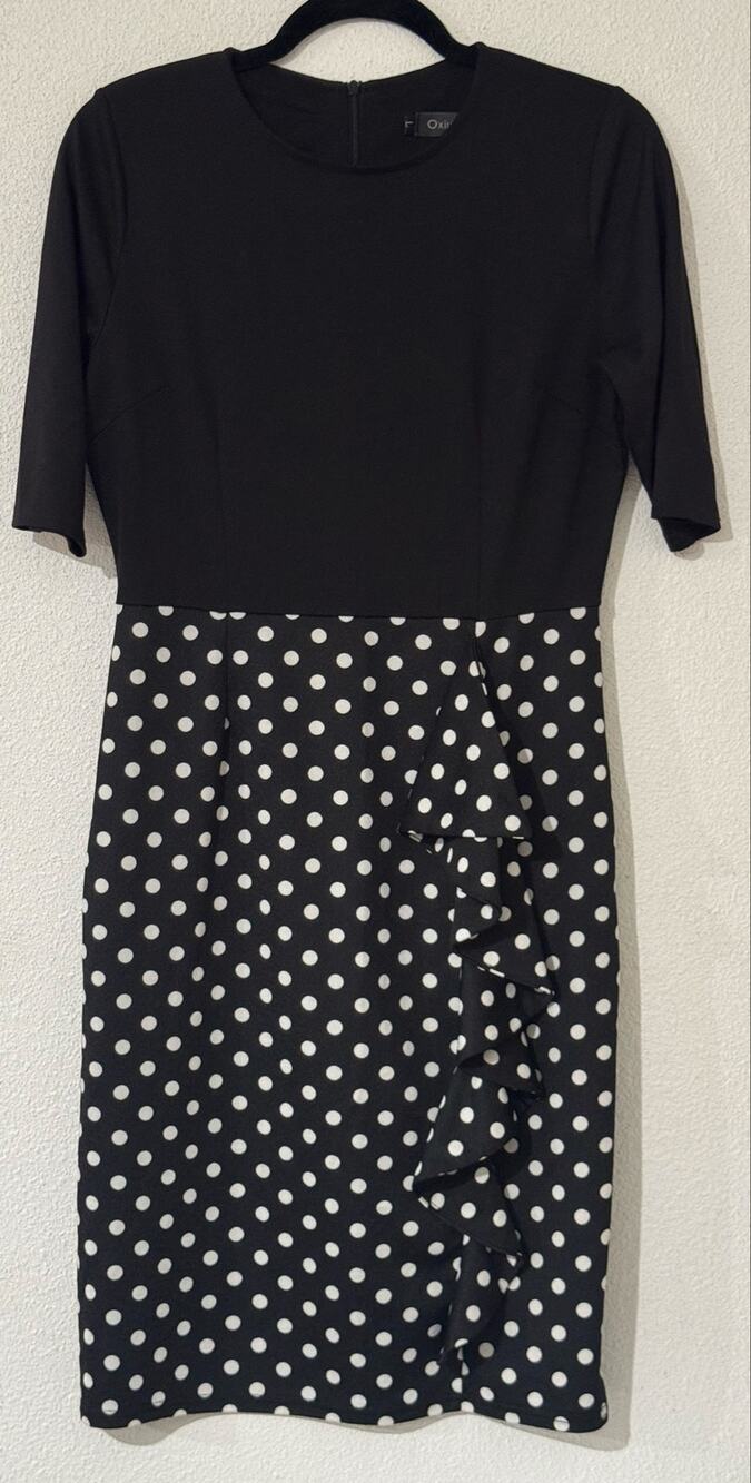 Oxiuly Fashion Black & White Polka Dot Ruffle Colorblock Sheath Dress Large Chic
